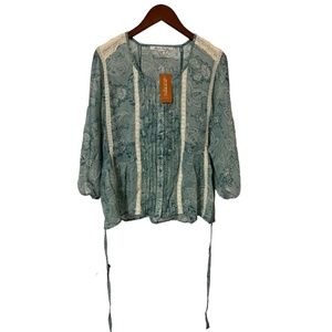 NWT American Rag Richmond Blue Floral Sheer Button Down Tie Back Blouse Size 1X